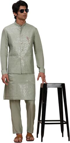 Pro-Ethic Style Developer Men's Cuffed Sleeves Cotton Kurta and Trouser Set with Embroidered Waistcoat (Nehru Jacket) (C-121) in Kuwait