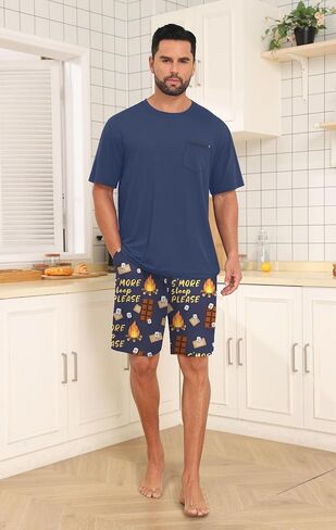 Mens Pajamas Set Lightweight Summer Pjs Sleepwear Quick Dry Soft Comfy Short Sleeve Loungewear Shorts (S-4X) in Saudi Arabia