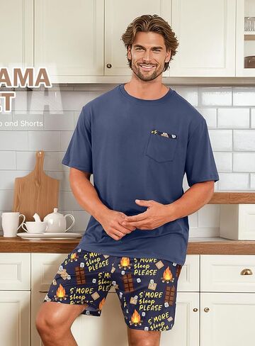 Mens Pajamas Set Lightweight Summer Pjs Sleepwear Quick Dry Soft Comfy Short Sleeve Loungewear Shorts (S-4X) in Saudi Arabia