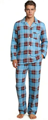Vulcanodon Mens Plaid Pajama Set, Soft Cozy Button Down Lounge Pajamas for Men Long Sleeve Sleepwear Pants with Pockets in Kuwait