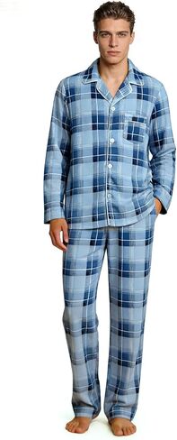Vulcanodon Mens Plaid Pajama Set, Soft Cozy Button Down Lounge Pajamas for Men Long Sleeve Sleepwear Pants with Pockets in Kuwait