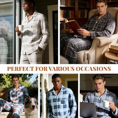 Vulcanodon Mens Plaid Pajama Set, Soft Cozy Button Down Lounge Pajamas for Men Long Sleeve Sleepwear Pants with Pockets in Kuwait