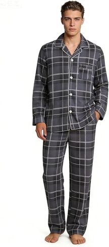 Vulcanodon Mens Plaid Pajama Set, Soft Cozy Button Down Lounge Pajamas for Men Long Sleeve Sleepwear Pants with Pockets in Kuwait