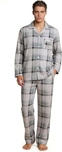 Vulcanodon Mens Plaid Pajama Set, Soft Cozy Button Down Lounge Pajamas for Men Long Sleeve Sleepwear Pants with Pockets in Kuwait