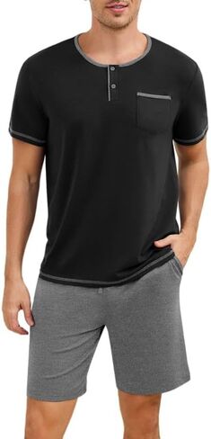 طقم بيجامة رجالي من Marvmys بيجامة قطنية بأكمام قصيرة Henley Pjs ملابس نوم صيفية ناعمة مع جيوب S-3XL in Kuwait