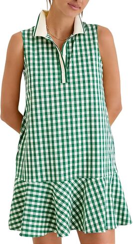 Womens Gingham Polo Dress V Neck Sleeveless Ruffled Hem Mini Dresses Plaid Button Front Tennis Dress in Kuwait