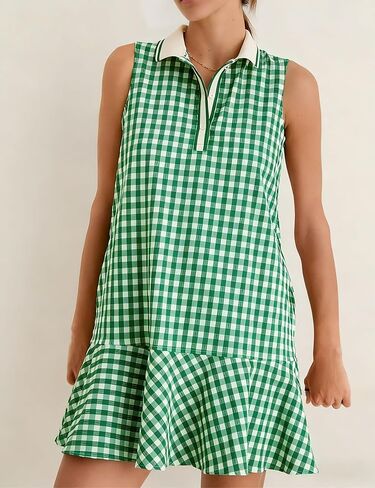 Womens Gingham Polo Dress V Neck Sleeveless Ruffled Hem Mini Dresses Plaid Button Front Tennis Dress in Kuwait