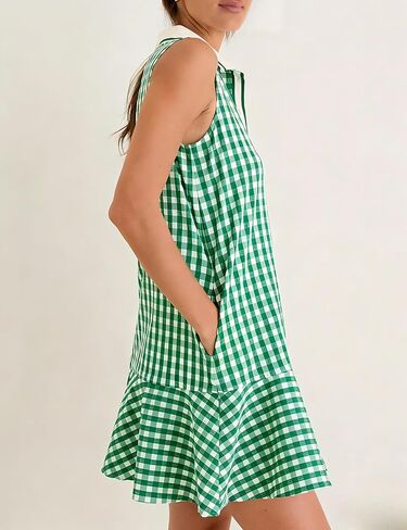 Womens Gingham Polo Dress V Neck Sleeveless Ruffled Hem Mini Dresses Plaid Button Front Tennis Dress in Kuwait