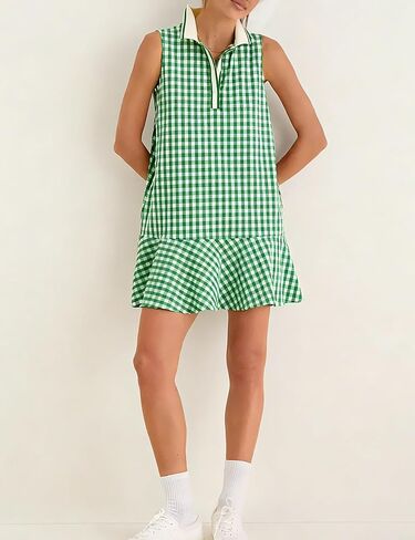Womens Gingham Polo Dress V Neck Sleeveless Ruffled Hem Mini Dresses Plaid Button Front Tennis Dress in Kuwait