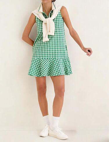 Womens Gingham Polo Dress V Neck Sleeveless Ruffled Hem Mini Dresses Plaid Button Front Tennis Dress in Kuwait