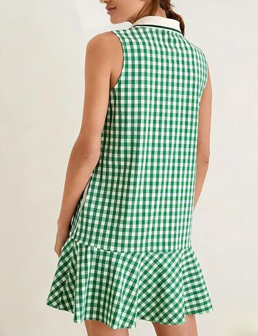 Womens Gingham Polo Dress V Neck Sleeveless Ruffled Hem Mini Dresses Plaid Button Front Tennis Dress in Kuwait