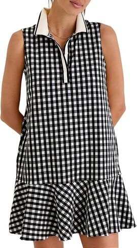 Womens Gingham Polo Dress V Neck Sleeveless Ruffled Hem Mini Dresses Plaid Button Front Tennis Dress in Kuwait