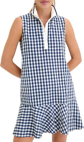 Womens Gingham Polo Dress V Neck Sleeveless Ruffled Hem Mini Dresses Plaid Button Front Tennis Dress in Kuwait