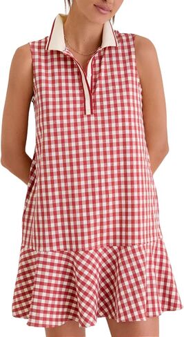 Womens Gingham Polo Dress V Neck Sleeveless Ruffled Hem Mini Dresses Plaid Button Front Tennis Dress in Kuwait