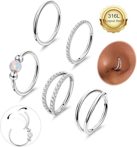 5PCS 18G Clicker Nose Ring Hoops for Women Men Hinged Double Cartilage Nose Hoop Surgical Steel Tragus Helix Rook Opal CZ Septum Lip Ring Hoop Earrings Nose Piercing Jewelry 8-10MM in Kuwait