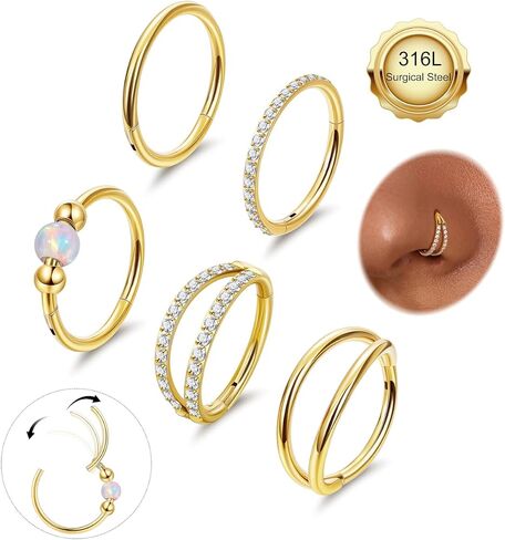 5PCS 18G Clicker Nose Ring Hoops for Women Men Hinged Double Cartilage Nose Hoop Surgical Steel Tragus Helix Rook Opal CZ Septum Lip Ring Hoop Earrings Nose Piercing Jewelry 8-10MM in Kuwait