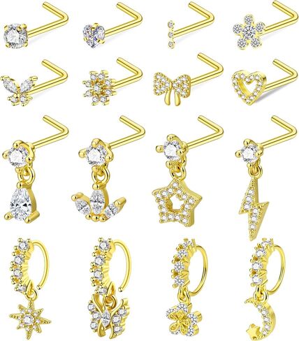 20G Surgical Steel Dangle Nose Rings for Women Gold L Shaped Nose Studs Dangly Nose Rings Hoops Pink CZ Heart Star Butterfly Flower Moon Bow Dangling Nose Piercing Jewelry in Saudi Arabia