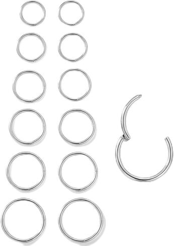 6Pairs Nose Rings Hoops - 316L Surgical Steel Hinged Nose Hoops 16G/18G/20G Clicker Septum Nose Ring Lip Helix Cartilage Hoop Earring Daith Rook Conch Body Piercing Jewelry for Women Men 6mm 7mm 8mm 9mm 10mm 12mm in Saudi Arabia