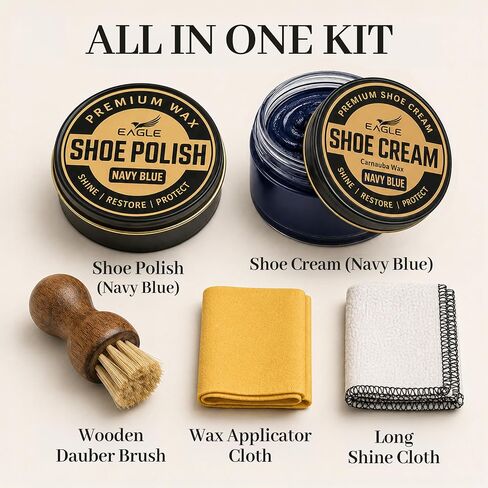 Eagle Shoe Shine Kit Navy Blue – 5-Piece Leather Shoe Polish & Cream Set with Brush & Cloths | Beeswax Waterproof Polish + Carnauba Wax Shoe Cream | Restore, Shine & Protect Dress Shoes & Boots in Saudi Arabia