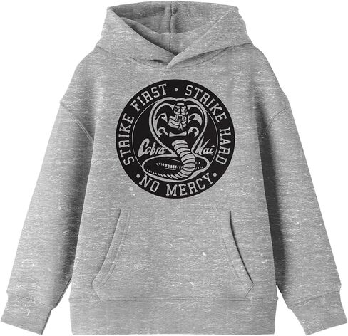 Bioworld Cobra Kai Strike First Strike Hard Black Seal Long Sleeve Athletic Heather Youth Hooded Sweatshirt in Kuwait