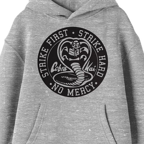 Bioworld Cobra Kai Strike First Strike Hard Black Seal Long Sleeve Athletic Heather Youth Hooded Sweatshirt in Kuwait