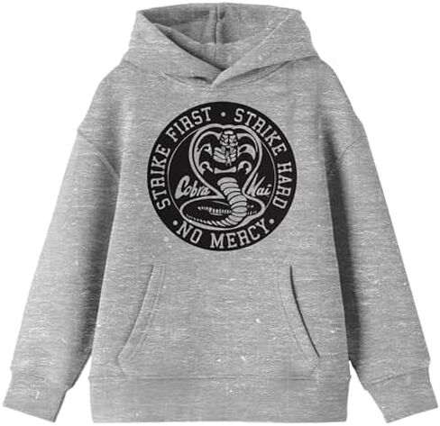 Bioworld Cobra Kai Strike First Strike Hard Black Seal Long Sleeve Athletic Heather Youth Hooded Sweatshirt in Kuwait