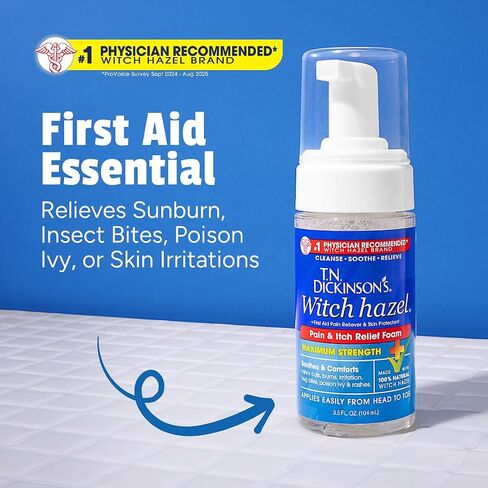 T.N. Dickinson’s Witch Hazel Pain & Itch Relief Foam | Maximum Strength with Pramoxine HCl | Lidocaine-Free First Aid Treatment for Sunburn, Bug Bites, Poison Ivy, Skin Irritation & More | 3.5 Fl Oz in Kuwait