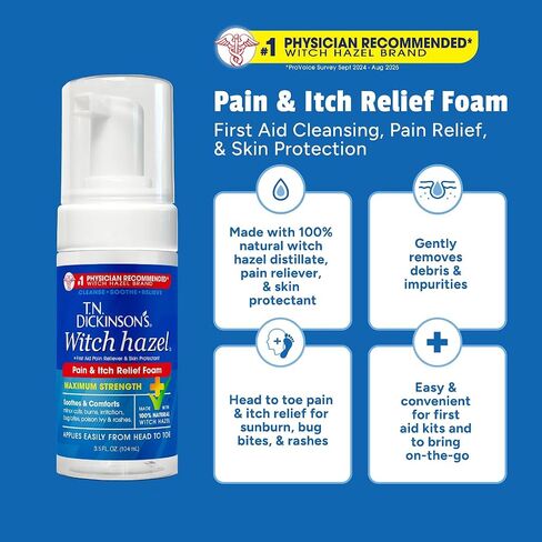 T.N. Dickinson’s Witch Hazel Pain & Itch Relief Foam | Maximum Strength with Pramoxine HCl | Lidocaine-Free First Aid Treatment for Sunburn, Bug Bites, Poison Ivy, Skin Irritation & More | 3.5 Fl Oz in Kuwait