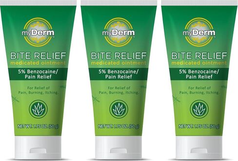 Myderm 3-Pack - Bite Relief Medicated Ointment with 5% Benzocaine, Helps Relieve Itching, Pain, and Burning with Hydrating Natural Extracts - Aloe, Chamomile, Jojoba. 1.75oz Tube. Made in USA. in Saudi Arabia