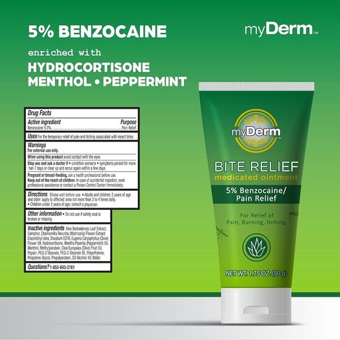 Myderm 3-Pack - Bite Relief Medicated Ointment with 5% Benzocaine, Helps Relieve Itching, Pain, and Burning with Hydrating Natural Extracts - Aloe, Chamomile, Jojoba. 1.75oz Tube. Made in USA. in Saudi Arabia