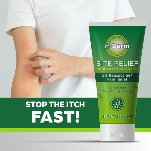Myderm 3-Pack - Bite Relief Medicated Ointment with 5% Benzocaine, Helps Relieve Itching, Pain, and Burning with Hydrating Natural Extracts - Aloe, Chamomile, Jojoba. 1.75oz Tube. Made in USA. in Saudi Arabia