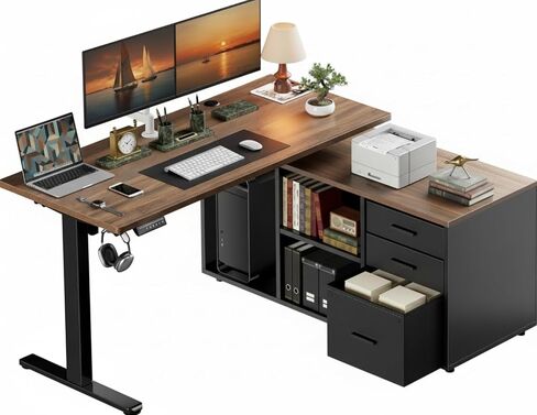 Marsail L-Shaped Executive Standing Desk with File Cabinet, 55" x 24" Electric Height Adjustable Stand up Desk, One-Whole Piece Desktop, Home Office Modern Computer Deskwith 4 Memory Presets in Saudi Arabia