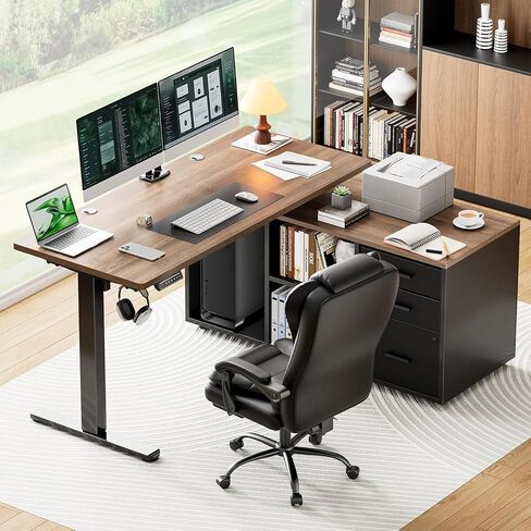 Marsail L-Shaped Executive Standing Desk with File Cabinet, 55" x 24" Electric Height Adjustable Stand up Desk, One-Whole Piece Desktop, Home Office Modern Computer Deskwith 4 Memory Presets in Saudi Arabia