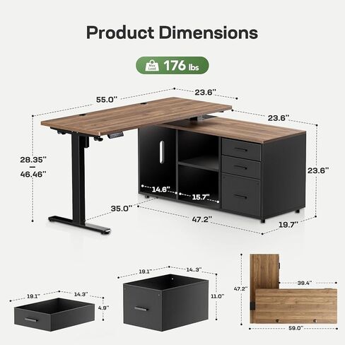 Marsail L-Shaped Executive Standing Desk with File Cabinet, 55" x 24" Electric Height Adjustable Stand up Desk, One-Whole Piece Desktop, Home Office Modern Computer Deskwith 4 Memory Presets in Saudi Arabia