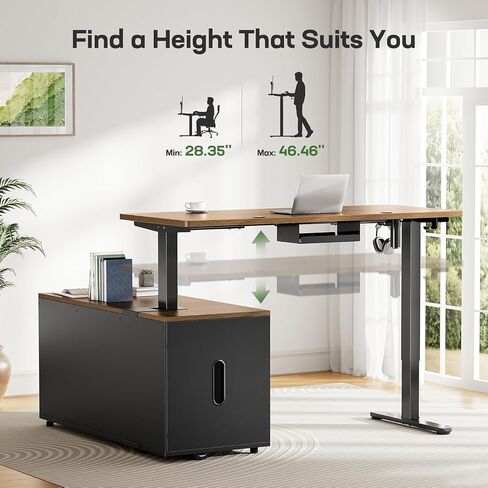 Marsail L-Shaped Executive Standing Desk with File Cabinet, 55" x 24" Electric Height Adjustable Stand up Desk, One-Whole Piece Desktop, Home Office Modern Computer Deskwith 4 Memory Presets in Saudi Arabia