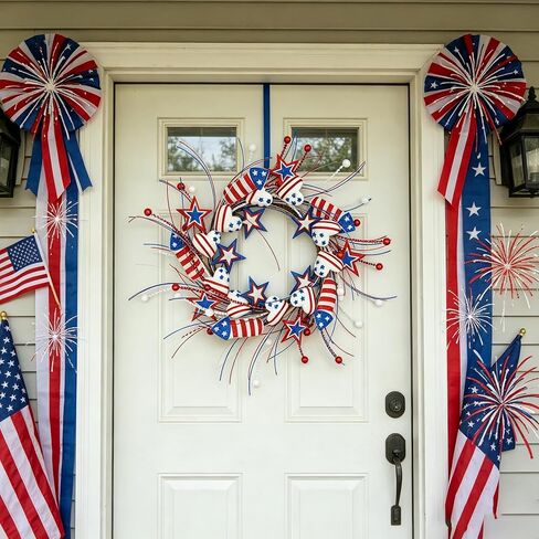AMF0RESJ 4th of July Wreath Patriotic Wreaths for Front Door with red,White,Blue Glitter Star for Front Door Farmhouse Home Wall Independence Day Decoration in Kuwait