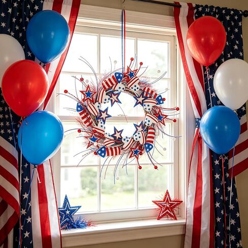 AMF0RESJ 4th of July Wreath Patriotic Wreaths for Front Door with red,White,Blue Glitter Star for Front Door Farmhouse Home Wall Independence Day Decoration in Kuwait