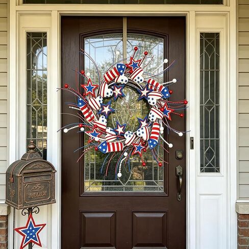 AMF0RESJ 4th of July Wreath Patriotic Wreaths for Front Door with red,White,Blue Glitter Star for Front Door Farmhouse Home Wall Independence Day Decoration in Kuwait