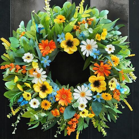 24 Inch Summer Wreaths for Front Door, Luxury Colorful Summer Door Wreath with Eucalyptus & Wild Blooms, Artificial Spring Summer Wreath for Indoor Outdoor Home Wall Porch Mantel Summer Decor in Saudi Arabia