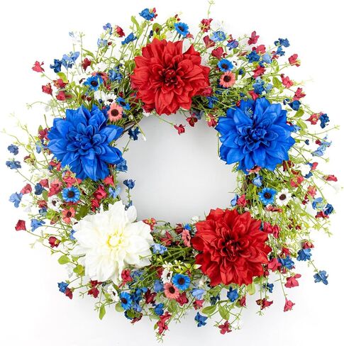 VioletEverGarden 22 Inch 4th of July Wreaths for Front Door Artificial Patriotic Wreath Red White and Blue Wreath with Dahlia for Independence Day Memorial Day Flag Day Decor in Saudi Arabia