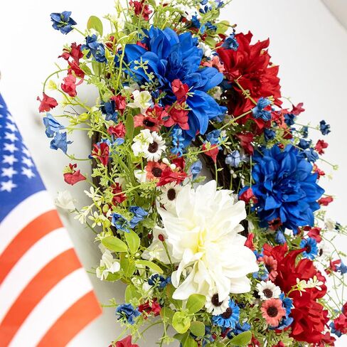 VioletEverGarden 22 Inch 4th of July Wreaths for Front Door Artificial Patriotic Wreath Red White and Blue Wreath with Dahlia for Independence Day Memorial Day Flag Day Decor in Saudi Arabia