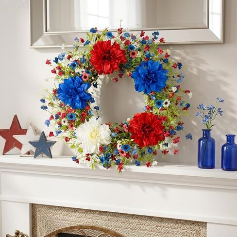 VioletEverGarden 22 Inch 4th of July Wreaths for Front Door Artificial Patriotic Wreath Red White and Blue Wreath with Dahlia for Independence Day Memorial Day Flag Day Decor in Saudi Arabia
