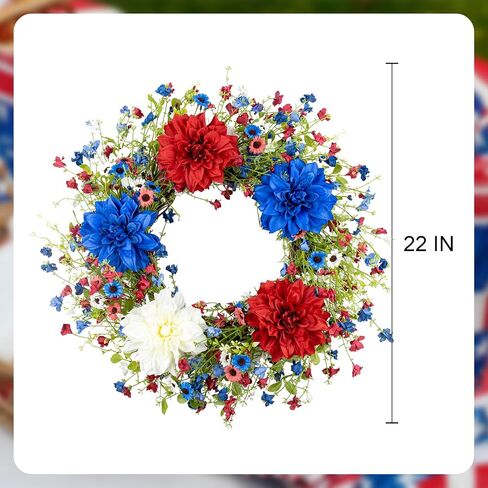 VioletEverGarden 22 Inch 4th of July Wreaths for Front Door Artificial Patriotic Wreath Red White and Blue Wreath with Dahlia for Independence Day Memorial Day Flag Day Decor in Saudi Arabia