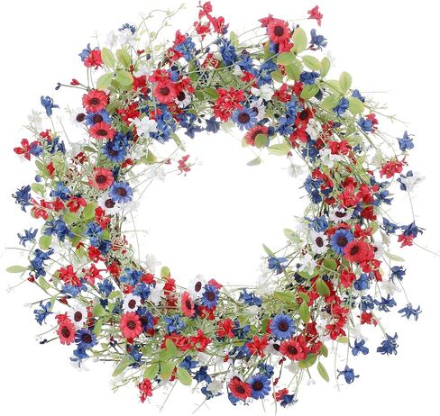 VioletEverGarden 22 Inch 4th of July Wreaths for Front Door Artificial Patriotic Wreath Red White and Blue Wreath with Dahlia for Independence Day Memorial Day Flag Day Decor in Saudi Arabia