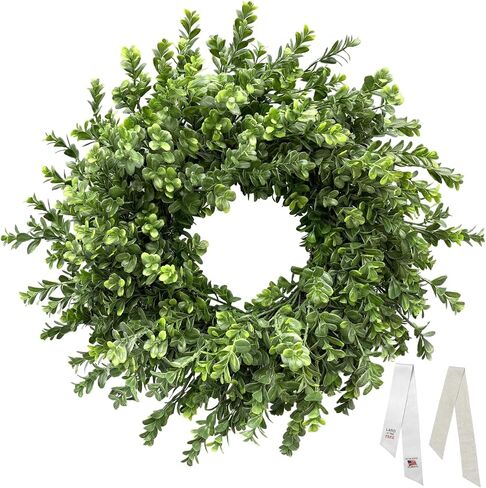26 Inch Large Boxwood Wreaths for Front Door, Spring & Summer Artificial Wreath with Patriotic & Burlap Sash, Faux Greenery Year-Round Farmhouse Wedding Porch Window, Indoor Outdoor Decor in Saudi Arabia