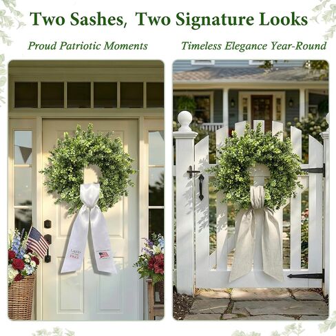 26 Inch Large Boxwood Wreaths for Front Door, Spring & Summer Artificial Wreath with Patriotic & Burlap Sash, Faux Greenery Year-Round Farmhouse Wedding Porch Window, Indoor Outdoor Decor in Saudi Arabia