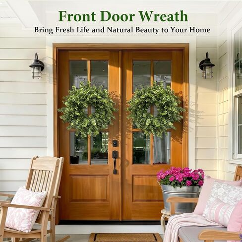 26 Inch Large Boxwood Wreaths for Front Door, Spring & Summer Artificial Wreath with Patriotic & Burlap Sash, Faux Greenery Year-Round Farmhouse Wedding Porch Window, Indoor Outdoor Decor in Saudi Arabia