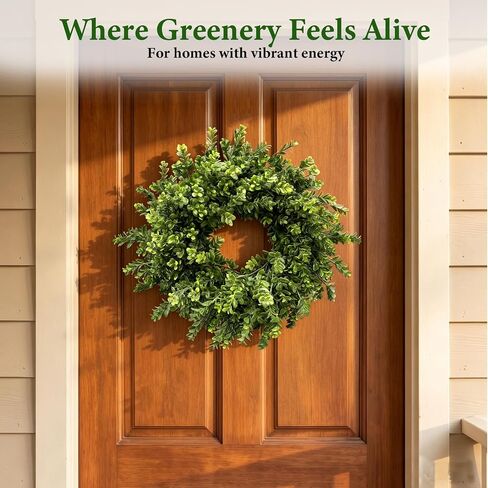 26 Inch Large Boxwood Wreaths for Front Door, Spring & Summer Artificial Wreath with Patriotic & Burlap Sash, Faux Greenery Year-Round Farmhouse Wedding Porch Window, Indoor Outdoor Decor in Saudi Arabia