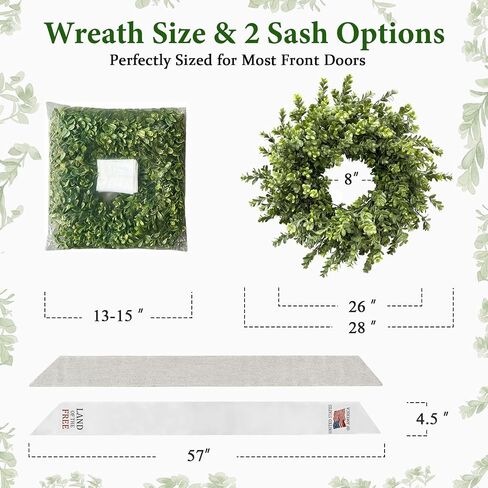 26 Inch Large Boxwood Wreaths for Front Door, Spring & Summer Artificial Wreath with Patriotic & Burlap Sash, Faux Greenery Year-Round Farmhouse Wedding Porch Window, Indoor Outdoor Decor in Saudi Arabia