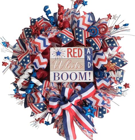 Idyllic 24 Inch Patriotic Wreath, Red White Blue 4th of July Wreath with Ribbon Bow & Wooden Sign for Front Door, Memorial Day Veterans Day Decor in Kuwait